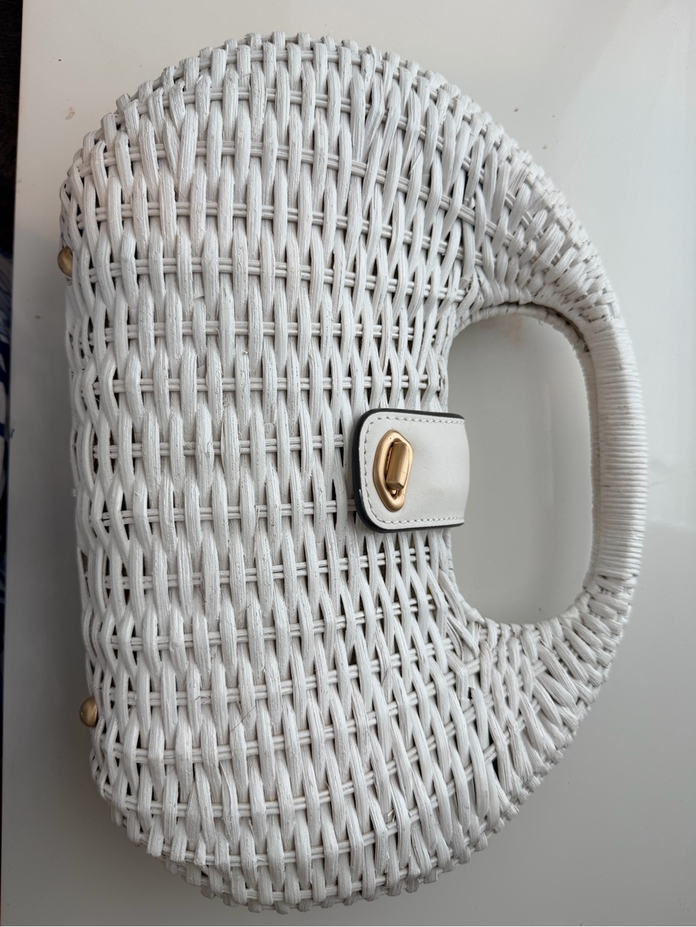 cult gaia White Woven Top-Handle Tote with Gold Twist Lock